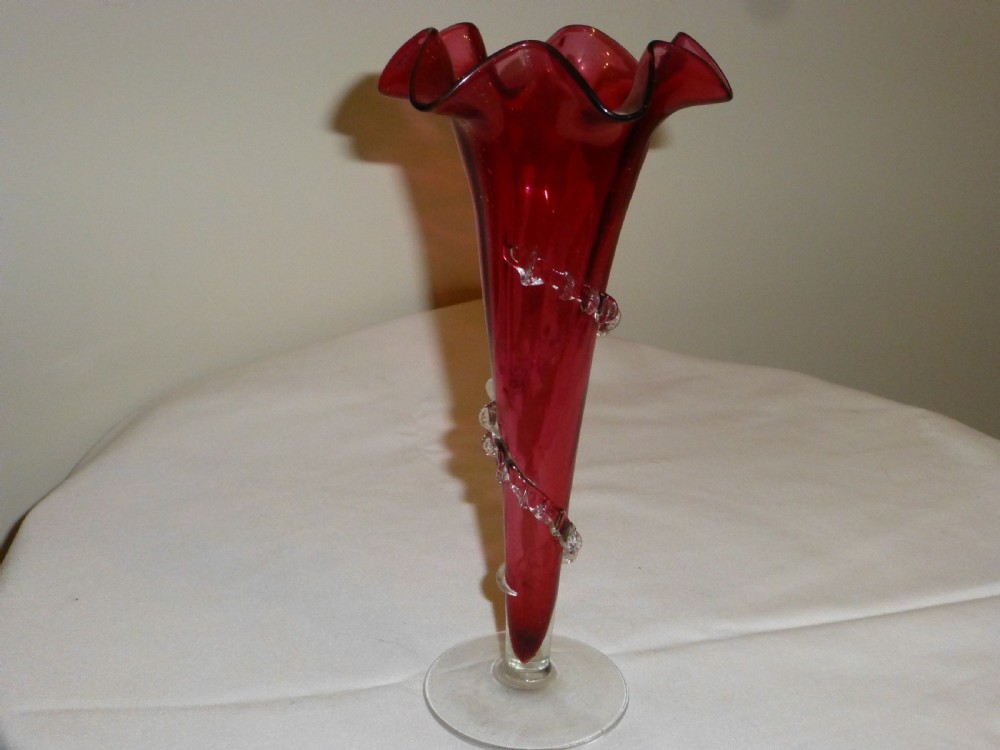 rare Victorian cranberry single stem rose vase. C.1880 View II