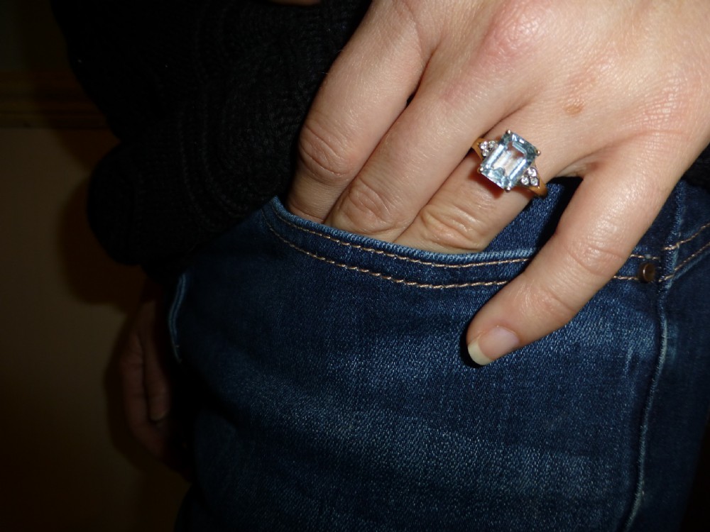 Aquamarine emerald cut diamond and gold ring View II