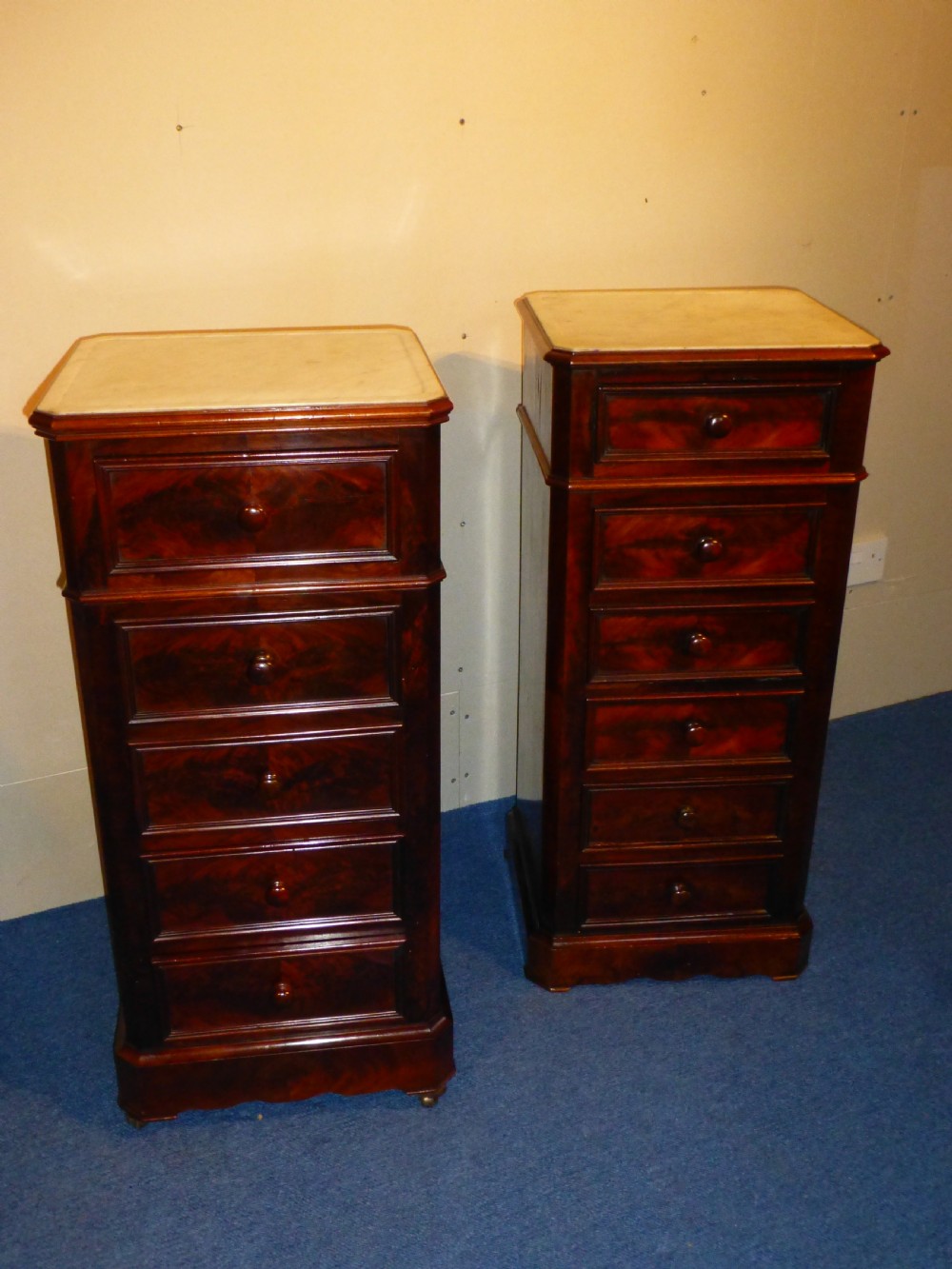 Pair of French mahogany marble topped pedestal bedside pot cupboard chests display plinths