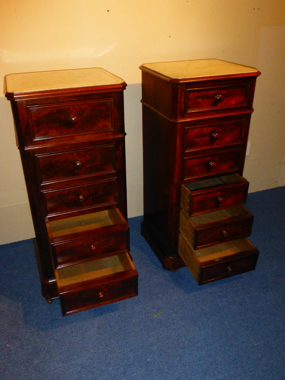 Pair of French mahogany marble topped pedestal bedside pot cupboard chests display plinths View III