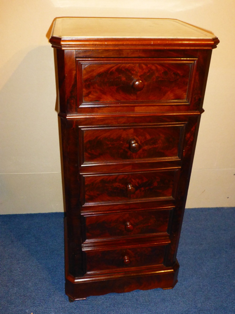 Pair of French mahogany marble topped pedestal bedside pot cupboard chests display plinths View IV