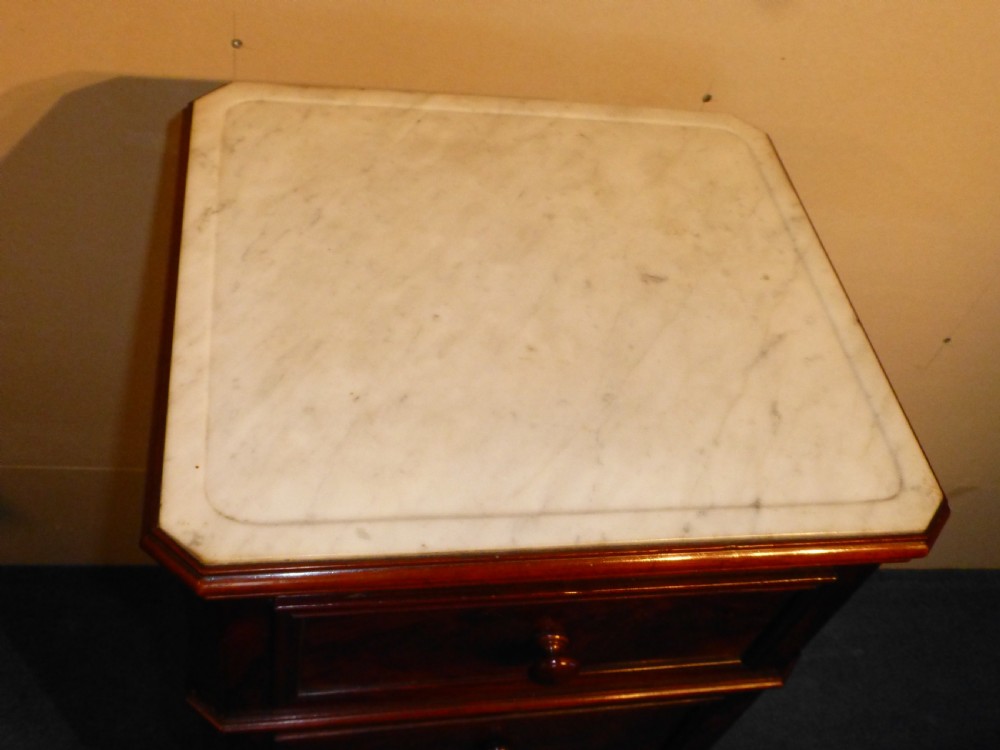 Pair of French mahogany marble topped pedestal bedside pot cupboard chests display plinths View VIII