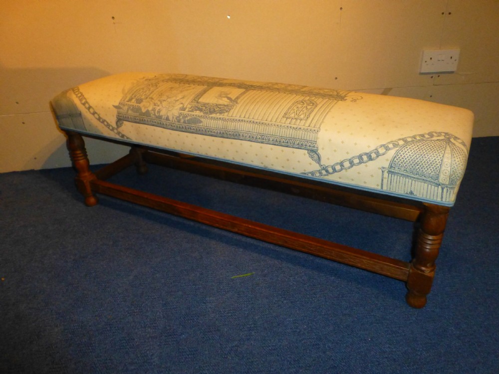 Delightful long walnut upholstered fireside window seat foot stool footstool