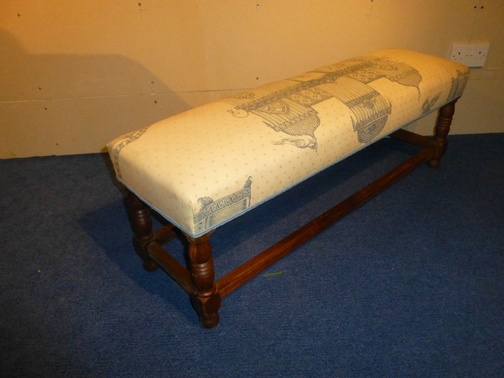 Delightful long walnut upholstered fireside window seat foot stool footstool View II