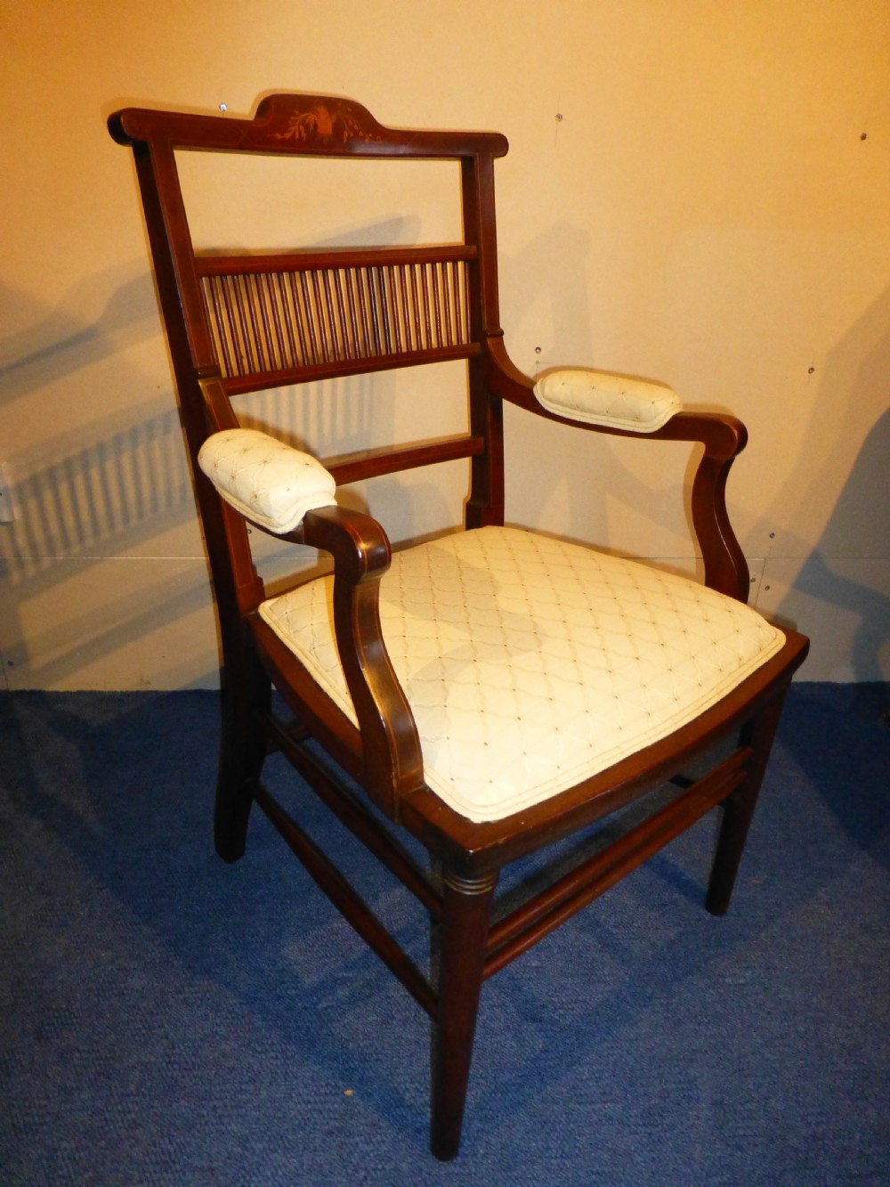A delightful Sheraton revival marquetry inlaid armchair upholstered occasional drawing room elbow desk office side library reading arm chair