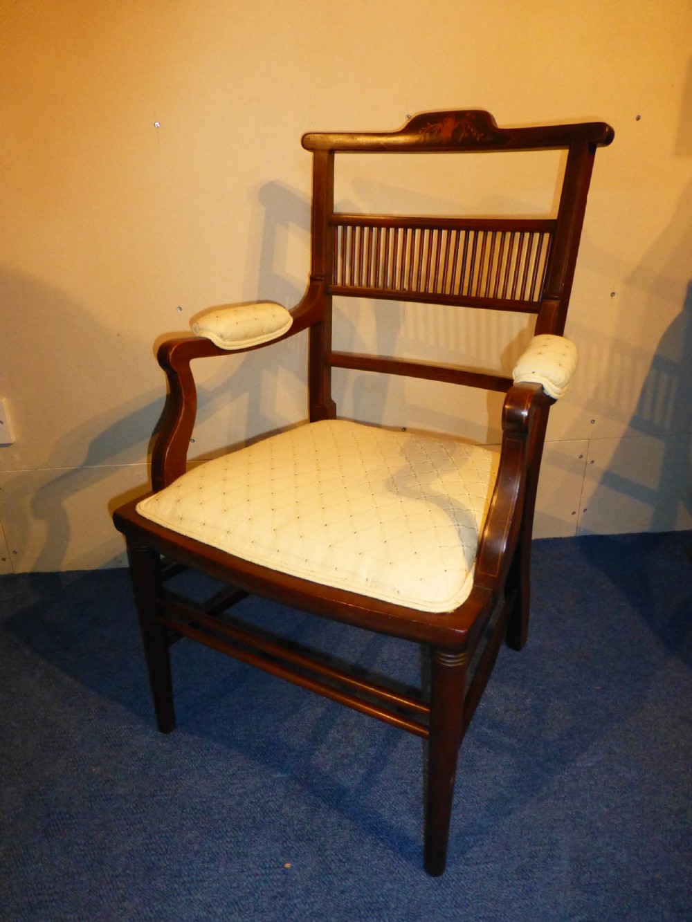 A delightful Sheraton revival marquetry inlaid armchair upholstered occasional drawing room elbow desk office side library reading arm chair View II