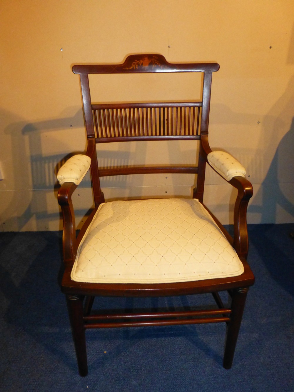 A delightful Sheraton revival marquetry inlaid armchair upholstered occasional drawing room elbow desk office side library reading arm chair View III