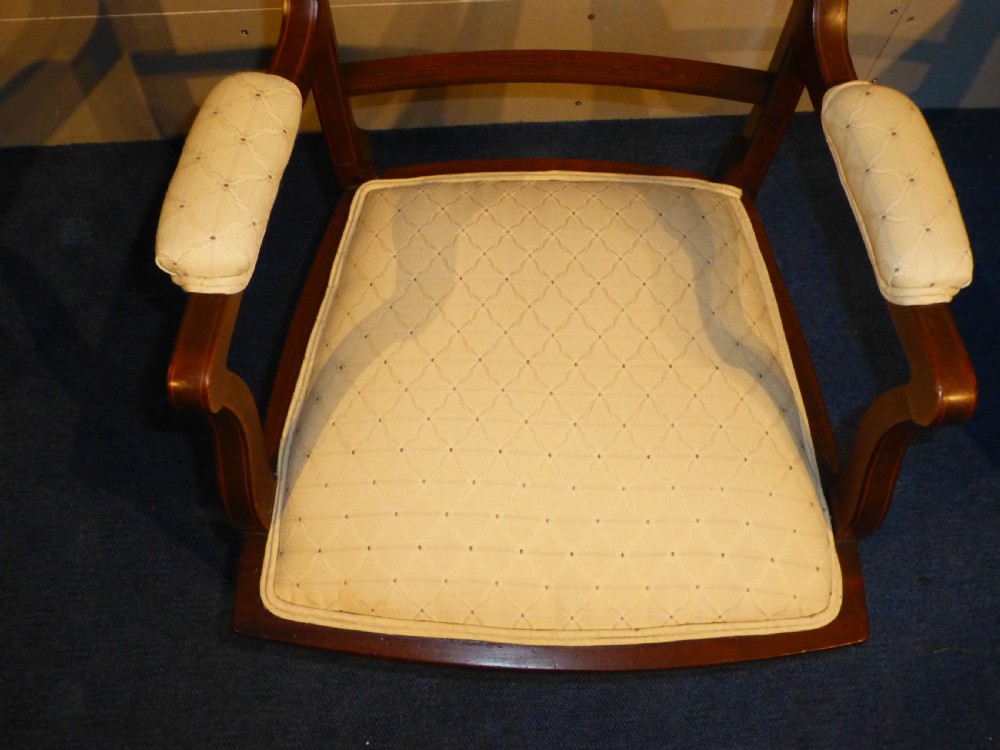 A delightful Sheraton revival marquetry inlaid armchair upholstered occasional drawing room elbow desk office side library reading arm chair View V