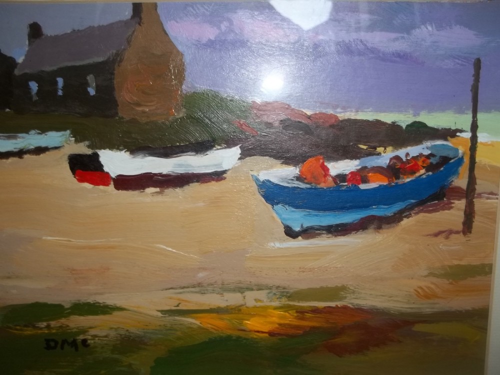 An original coastal landscape painting depicting beached wooden boats on a sandy shore in front of a stone cottage under a purple sky, signed DMC in the lower left corner.