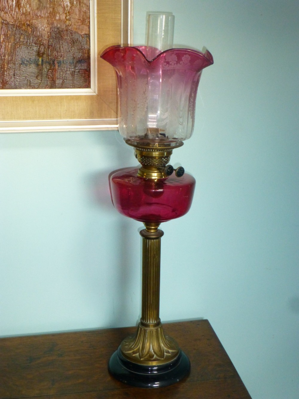 Rare model tall duplex double burner botanical cranberry oil lamp. C1870.