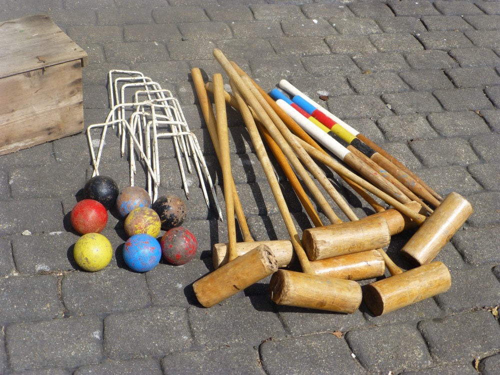 Rare early Victorian 8 player Jacques croquet set in original pine box