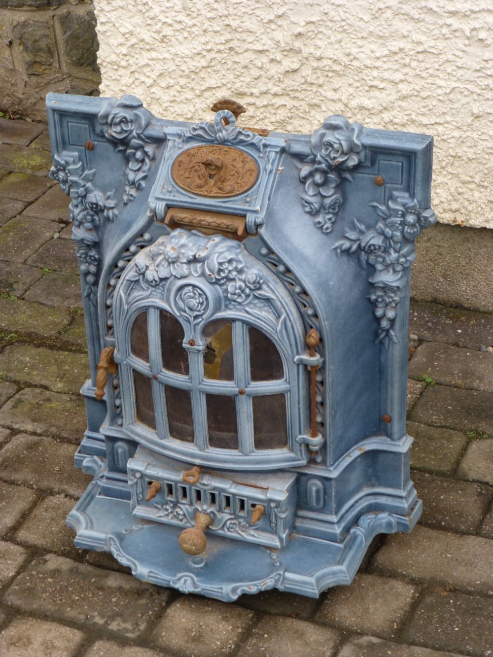 French Art Nouveau Enamelled cast iron log burner stove by Deville & Cie