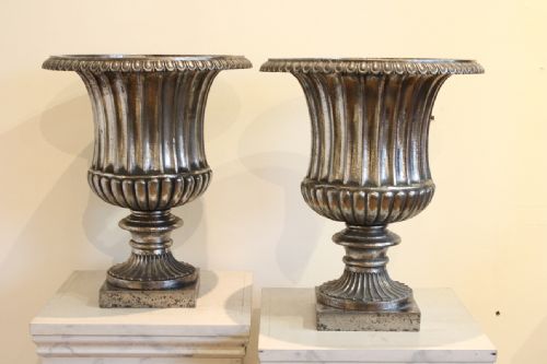 Pair of Burnished Cast Iron Urns
