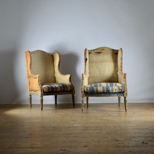 Pair of French Painted Bergere Wing Chairs - Full Reuphol. Inc.
