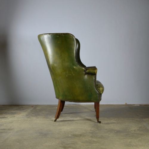19th Century Green Leather Barrel Back Chair