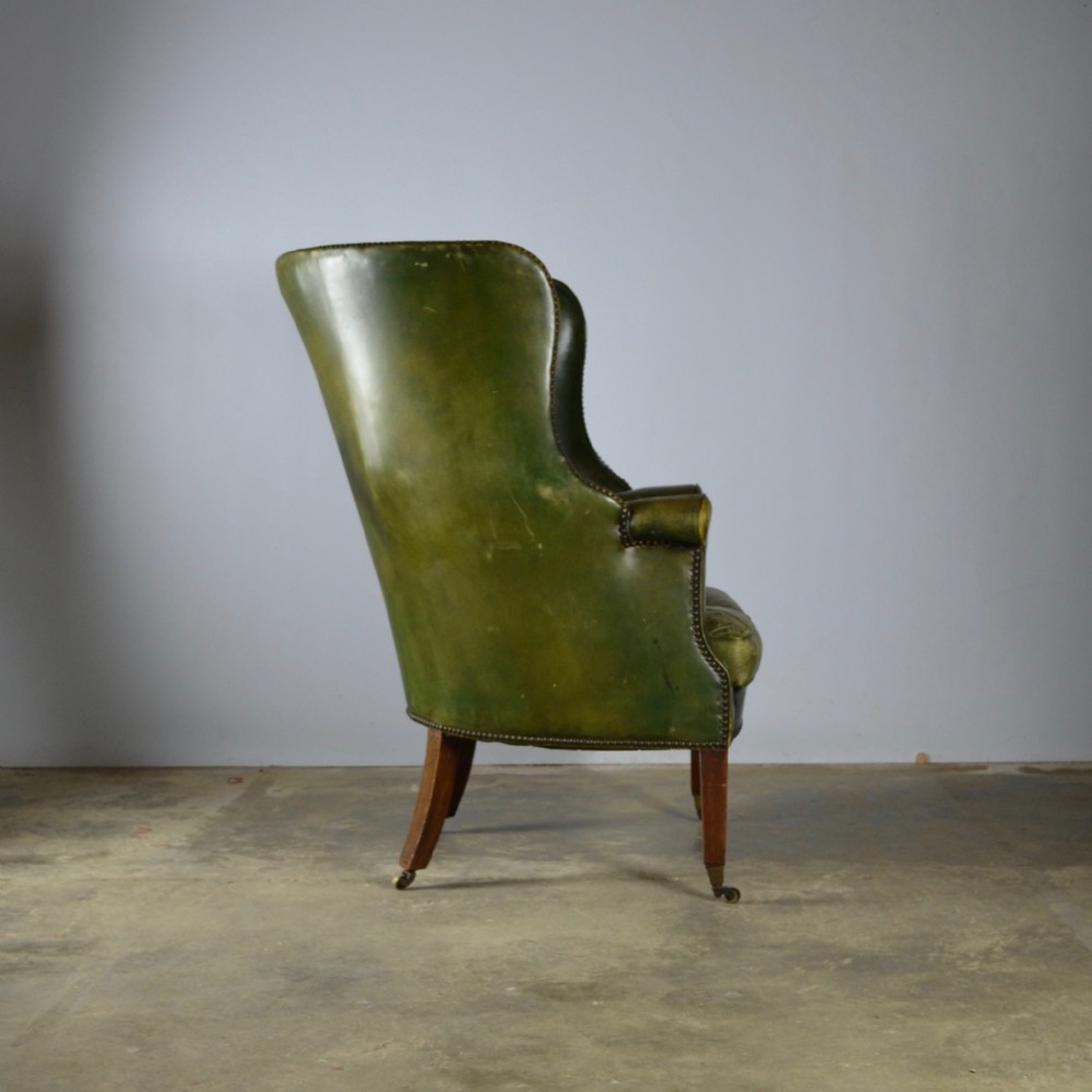 19th Century Green Leather Barrel Back Chair