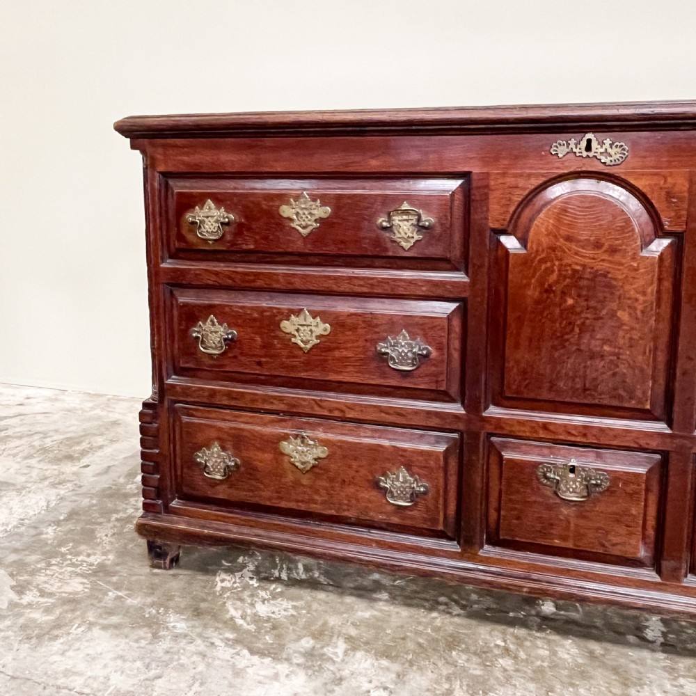 An 18th-century dark oak mule chest featuring false drawer fronts, an arched central panel, brass drop handles, and lower drawers. View IV