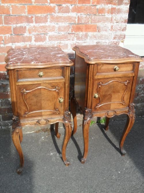 Pair of French Walnut Marble Topped Bedside Tables