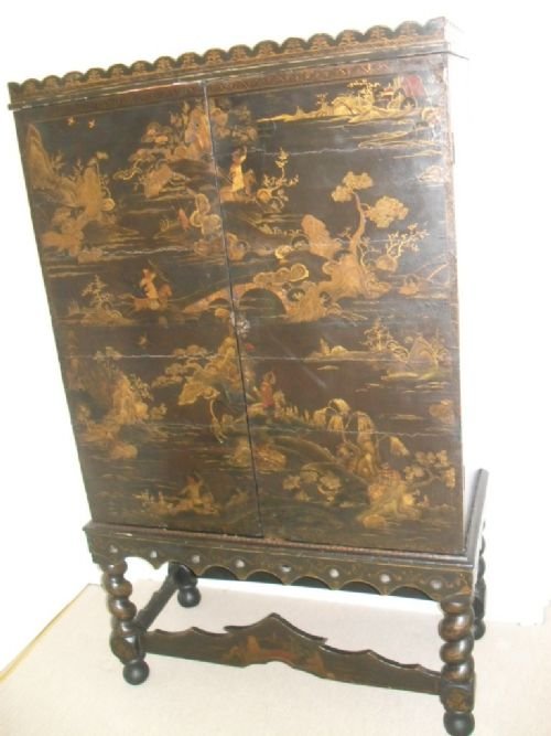 Chinoisserie Black Lacquered Cupboard on Stand