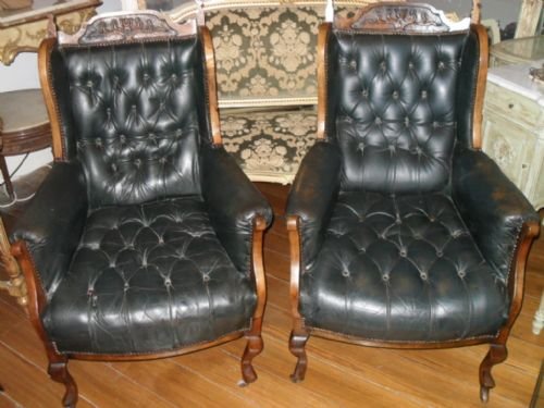 Pair of Walnut Wing  Back Dark Green Leather