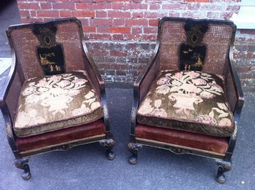 Pair of  Black Chinoiserie Armchairs