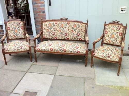 A French Walnut Upholstered 3 Piece Suite.