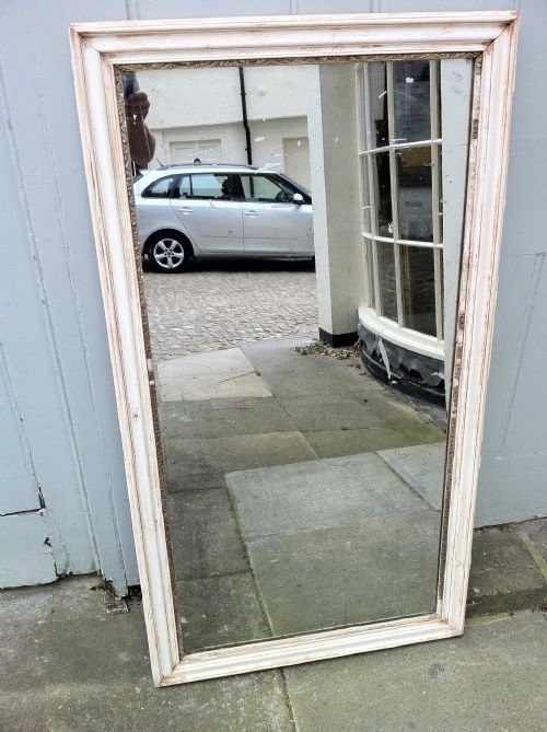 19th Century French White Original Distressed Wall Mirror.