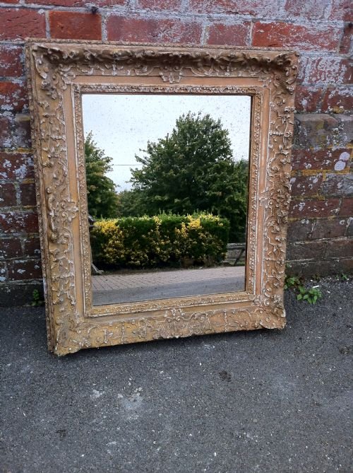 19th Century Carved Wood English Disressed Decorative Wall Mirror.