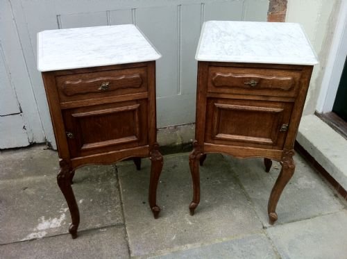 Pair of 19th Century Carved Oak Bedside Tables with Marble Top