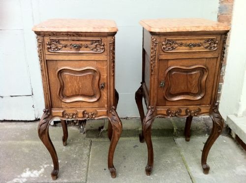 Pair of Carved Oak Late 19th Century Marble Topbedside Tables