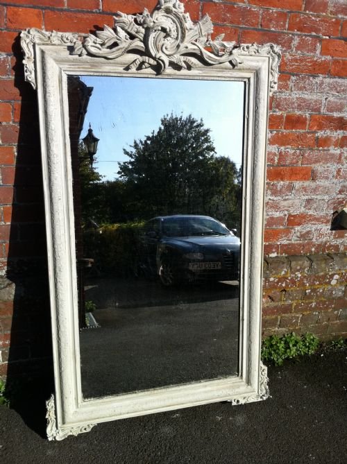 19th Carved Wood & Gesso Cream Painted Distressed Mirror