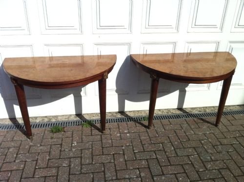 Unusual Pair of French Walnut Demi Lune Tables.