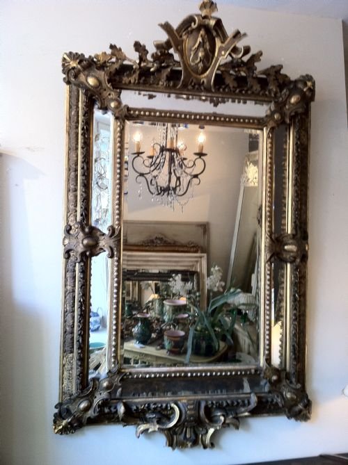 Early 19th Century French Large Gilt and Painted Decorative Ornate Cushion Mirror