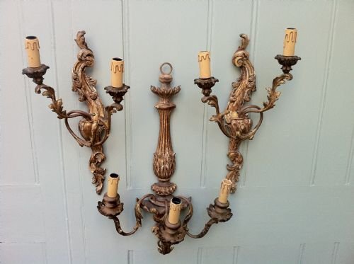 Set of Three Carved Wood Gilt Distressed Wall Lights.