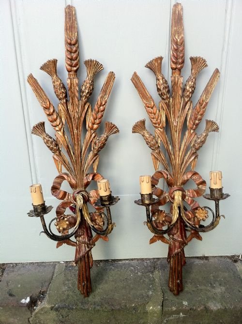 Pair of Italian Early 20th Century Carved Wood Painted Wall Lights.