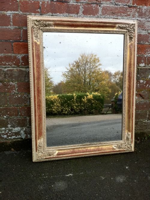 19th Century French Original Cream and Gilt and Red Gesso Flowered Wall Mirror.
