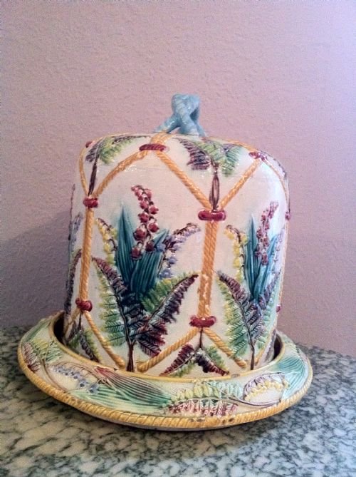 Faboulous Flowered and Fawn Green Majolica Cheese Dome