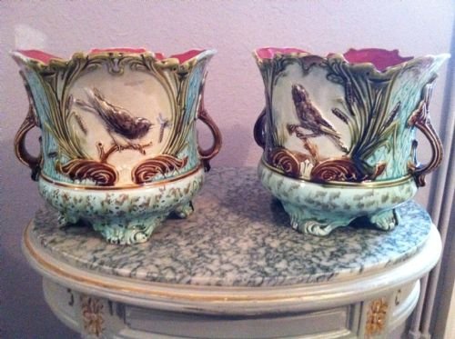 Pair of Majolica Bird and Lily Jardineres