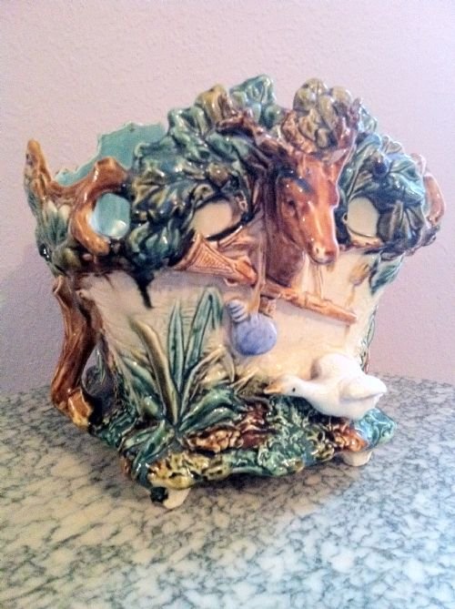 Majolica Deer, Swan and Foliage Jardinere