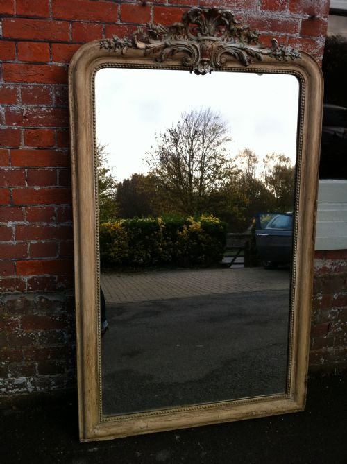 Large 19th Century French Highly Decorative Wall Mirror with Original Painted Ornate Cartouche Above.