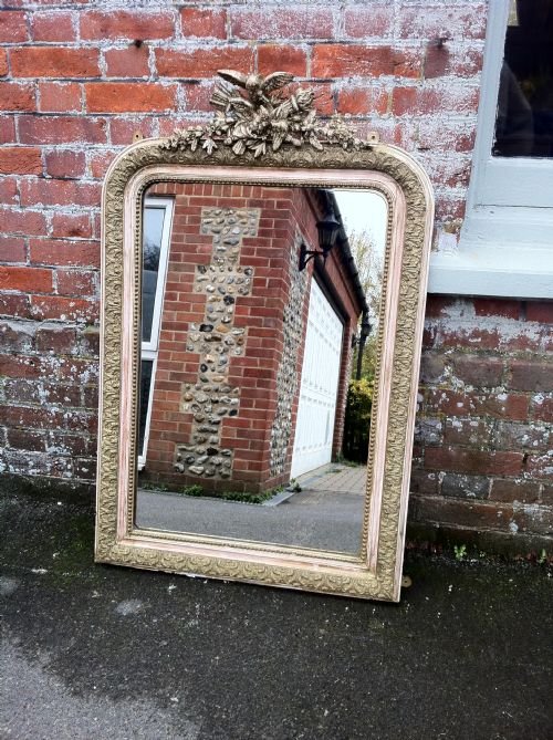19th Century French Original Cream and Gilt Wall Mirror with Decorative Dove and Flame Decoration.