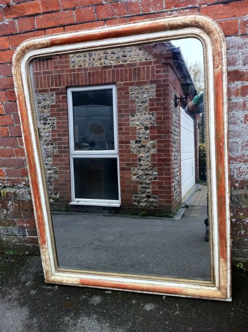 19th Century French Original Arched Top Red and Cream Gilt Gesso Wall Mirror.