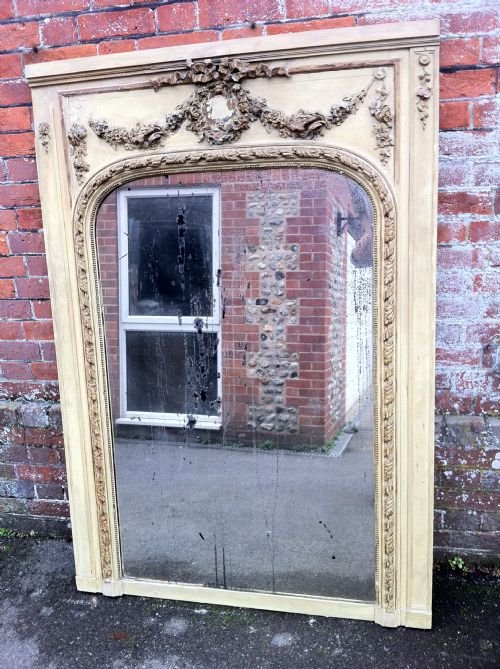 19th Century Distressed Original Painted Carved Wood & Gesso Garland Trumeau Mirror.