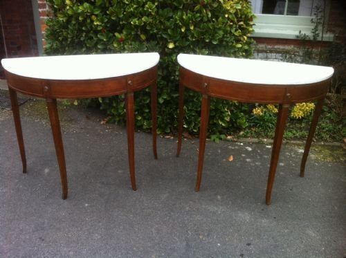 Late 18th Early 19th Century Pair of Italian Fruitwood Marble Top Console Tables.