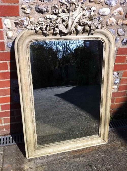 19th Century French Painted Arched Top Ornate Harp Mirror