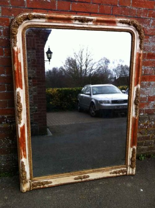 Large 19th Century French Arched Top Cream and Red Gesso Wall Mirror.