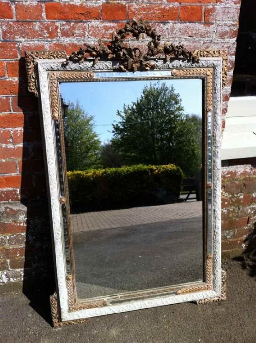 19th Century French Carved Wood and Gesso Gilt and Painted Wall Mirror.