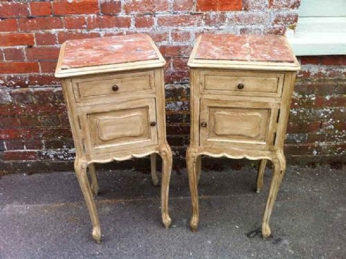 19th Century Pair of Painted Oak French Marble Top Bedside Tables.