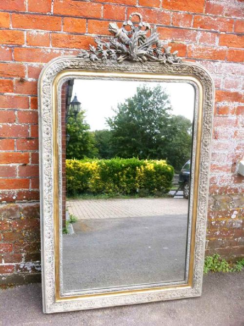 Large 19th Century French Carved Wood and Gesso Painted Mirror.