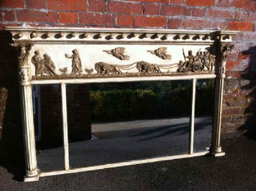 A Stunning Large Decorative Regency Early 19th Century English Cream & Gilt Overmantle Mirror.